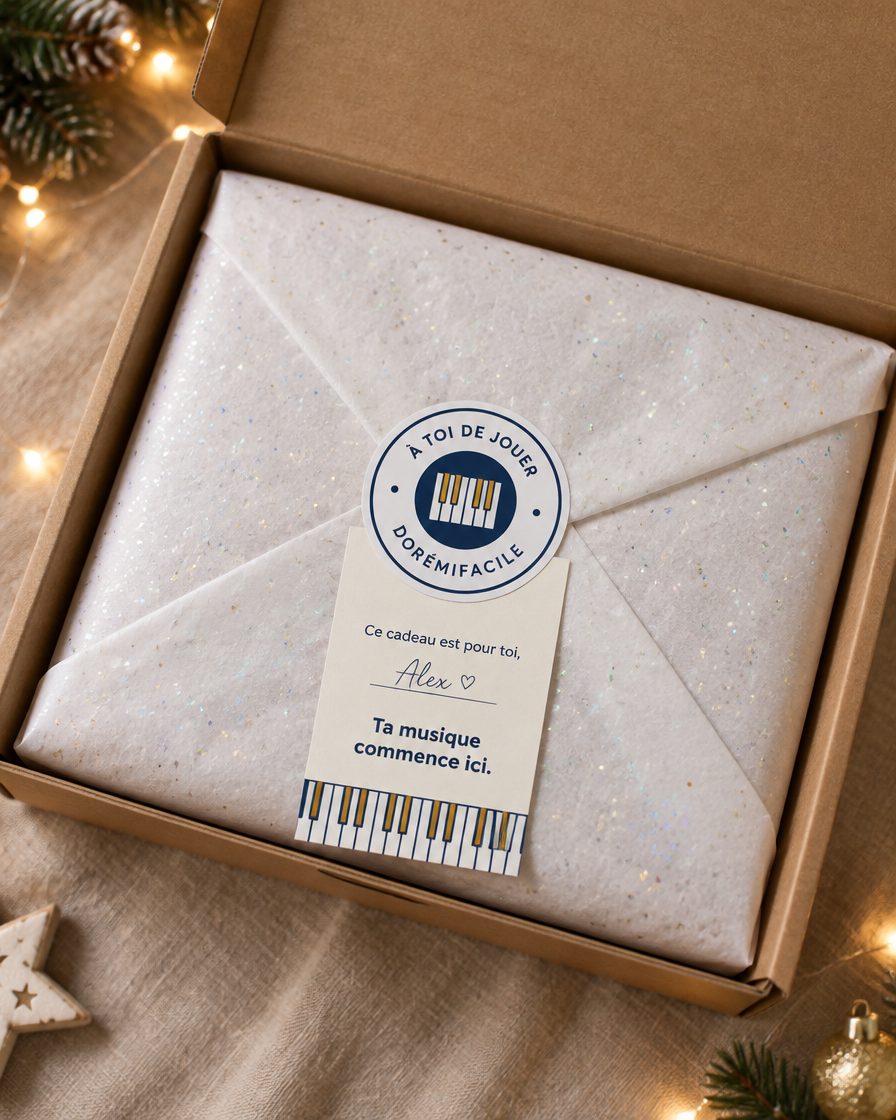 Le coffret ouvert, avec papier de soie, autocollant « À toi de jouer » et étiquette cadeau