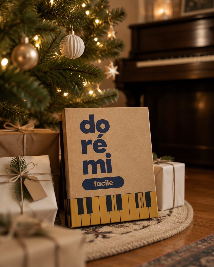 Le coffret Dorémifacile en kraft posé au pied du sapin de Noël, devant un piano